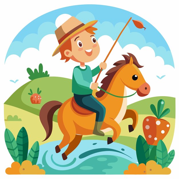 Photo boy riding horse fishing carrot vector cartoon illustration for fun adventure
