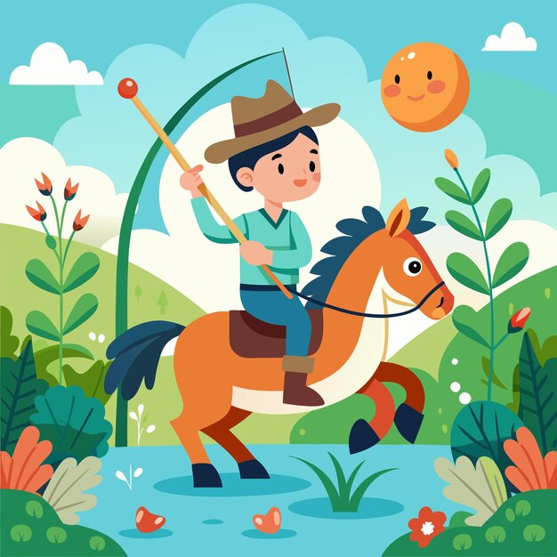 Photo boy riding horse fishing carrot vector cartoon illustration for fun adventure