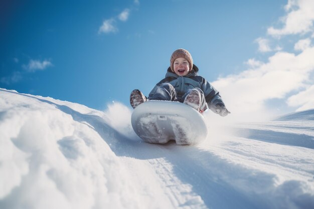 Boy riding snow slide smiling Child nature Generate Ai