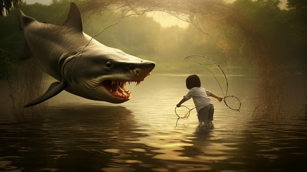 A boy in a river with a shark