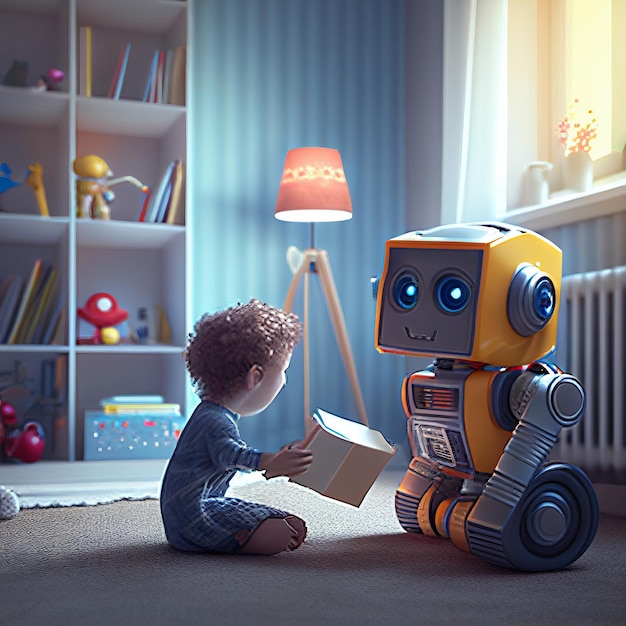 The boy and the robot are playing the friendship of the robot and the child Generative AI