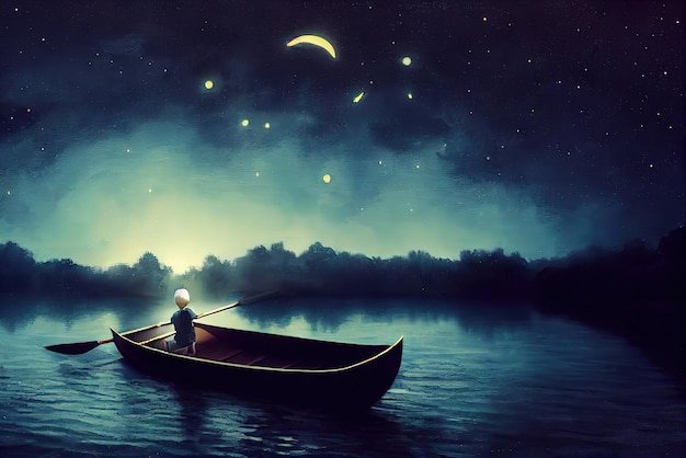 Boy rowing a boat in the sea of the starry night with mysterious light Concept art Digital painting Fantasy illustration