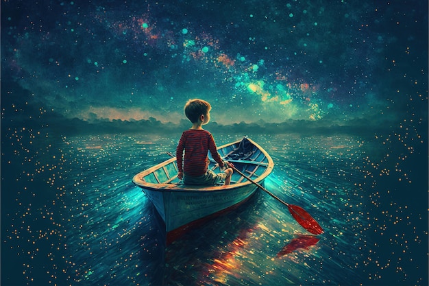 Photo boy rowing a boat in the sea of the starry night with mysterious light digital art style illustration painting fantasy concept of a boy rowing a boat