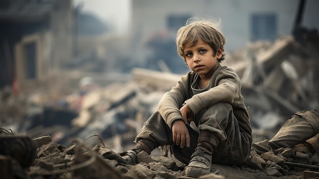 Мальчик среди руин зданий во время войны