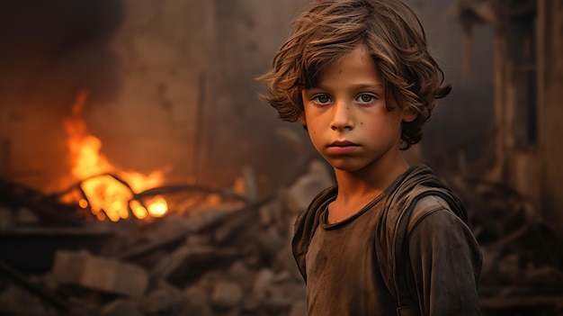 Boy among the ruins of buildings during the war