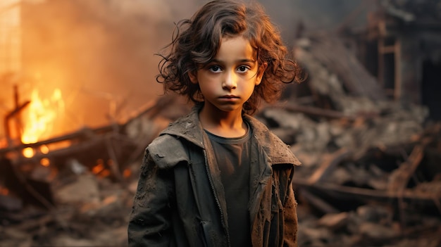 Boy among the ruins of buildings during the war