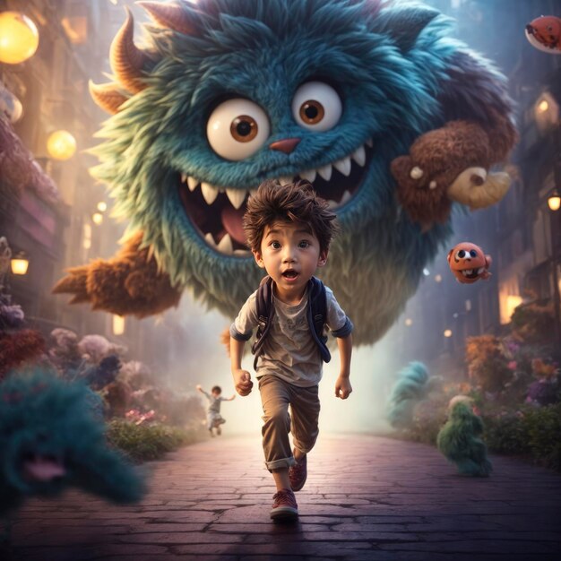 Boy Running from Playful Giant Monster in SciFi Adventure