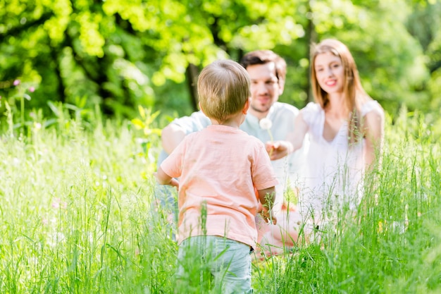 Boy running and playing on meadow with the family