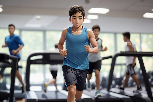Мальчик, бегущий на беговой дорожке в спортзале