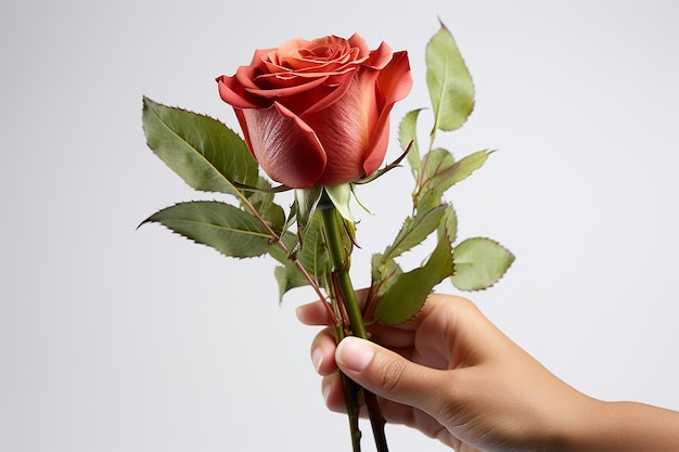 Boy's hand holding a red rose flower hyperrealistic