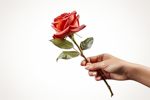 Photo boy's hand holding a red rose flower hyperrealistic