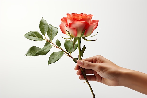 Photo boy's hand holding a red rose flower hyperrealistic