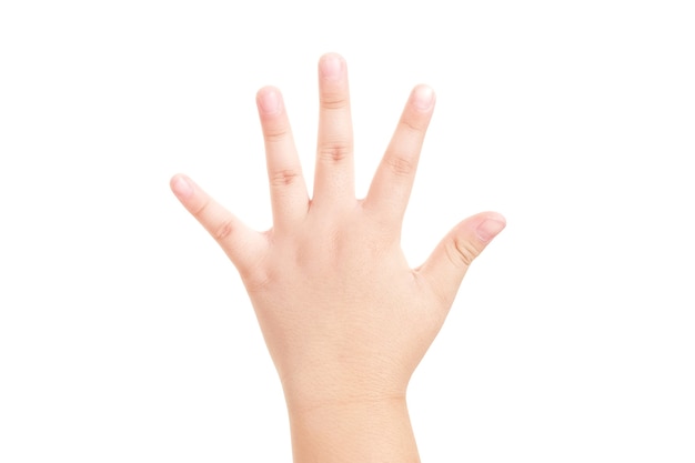 Boy's hand shown five finger symbol on isolated