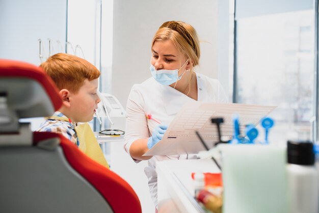 Foto ragazzo soddisfatto del servizio nello studio dentistico. concetto di trattamento dentale pediatrico