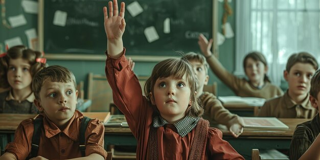 Foto un ragazzo in una classe scolastica in stile vintage degli anni '70 e '80 alza la mano per chiedere all'insegnante