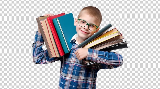 a boy in school uniform holds a book and looks up to the camera