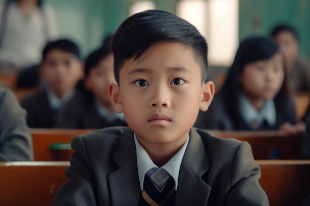 A boy in a school uniform sits in a classroom with his back to the camera.