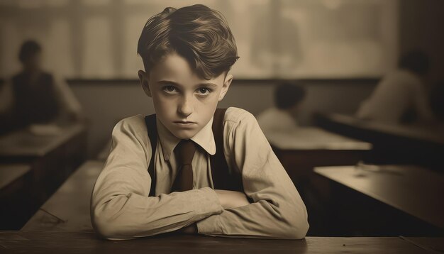 Photo a boy in a school uniform stands in front of a group of other children