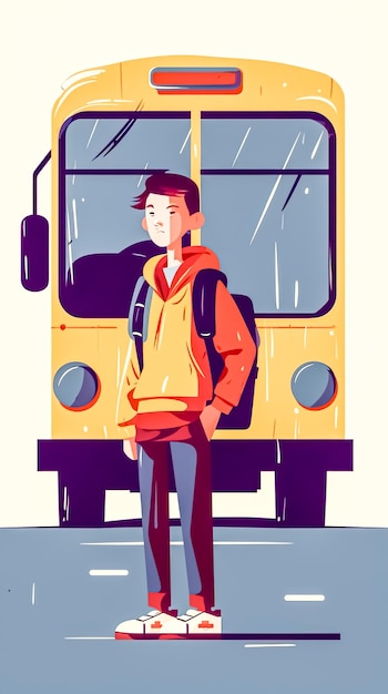 Photo boy schoolboy and school bus flat style creative illustration generative ai