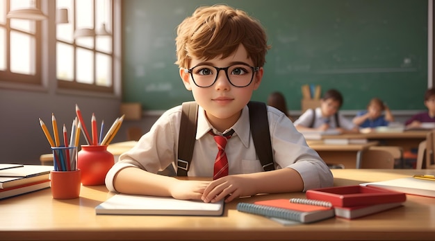 A boy a schoolboy wearing glasses listens attentively to the teacher in the classroom AI generation