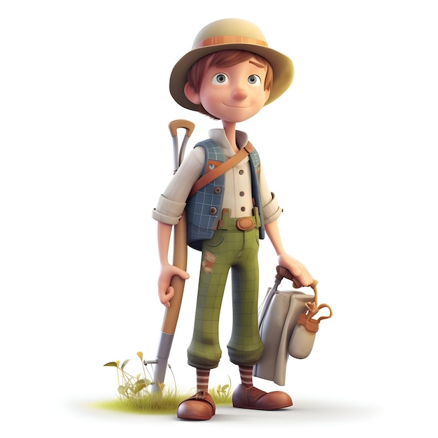 Boy scout with a backpack and a hat on a white background