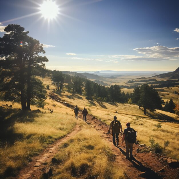 Photo boy scouts hiking a rough mountain trail together while carrying backpacks generative ai