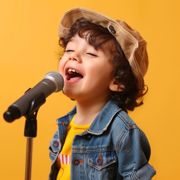 Photo a boy singing into a microphone with a shirt on it