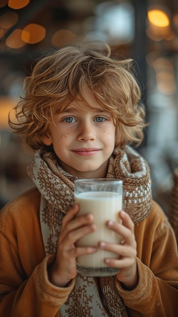 グラスからミルクを飲んでいる少年