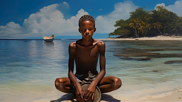 A boy sits on the beach in front of a painting of a boat