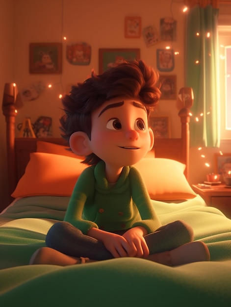 A boy sits on a bed in a room with pictures on the wall.