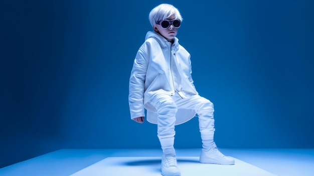 Photo a boy sits on a blue background wearing a white hoodie and sunglasses.