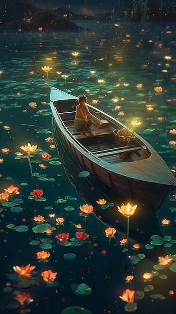 A boy sits in a boat surrounded by water lilies.