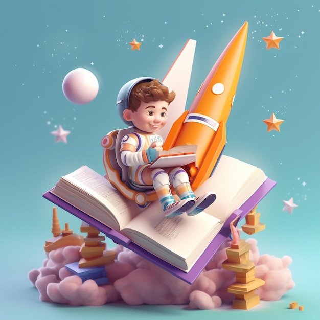 A boy sits on a book with a rocket on his face.