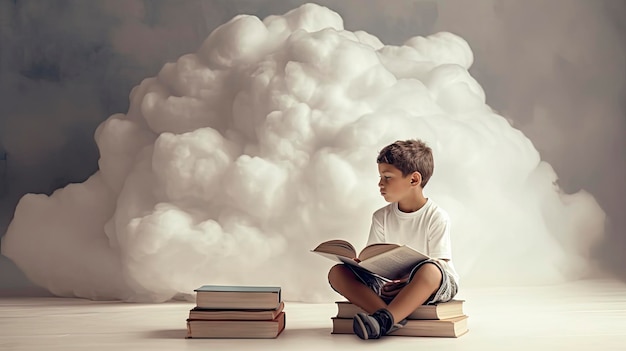 A boy sits on books and reads a book.