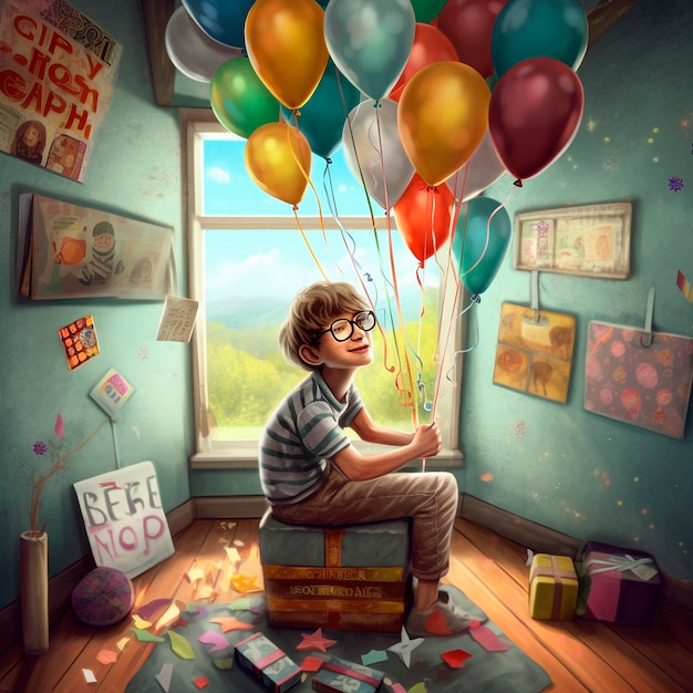 A boy sits on a box with balloons in front of a window that says city hop.