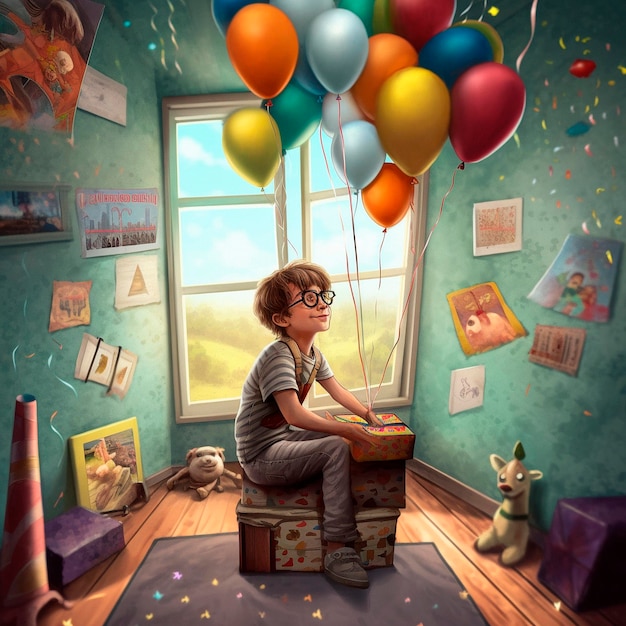 A boy sits on a box with a bunch of balloons in front of him.