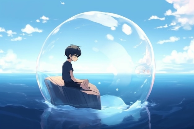 A boy sits in a bubble in the ocean.