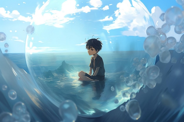 A boy sits in a bubble in the ocean