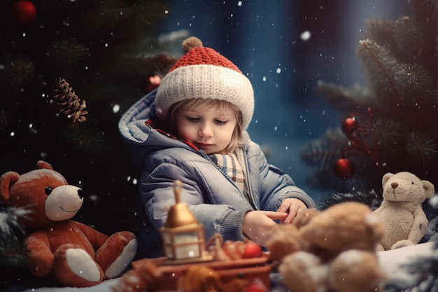 A boy sits by the Christmas tree and plays with toys Celebrating Christmas and New Year Generation AI