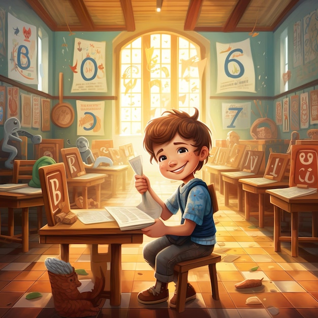 A boy sits in a classroom reading a letter that says the number on the front