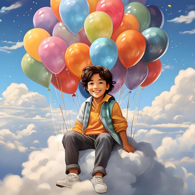 Photo a boy sits in the clouds with balloons in the sky