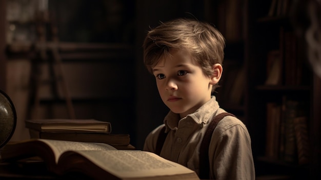 A boy sits in a dark room reading a book