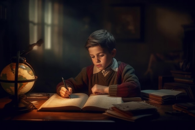 A boy sits at a desk in a dark room, reading a book.