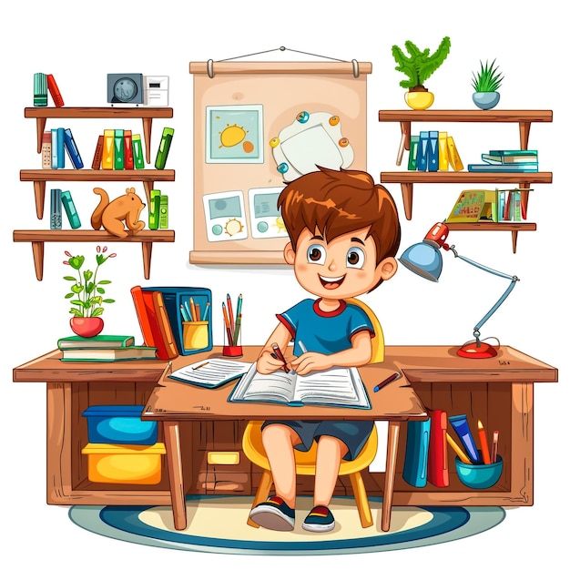 Photo a boy sits at a desk with a book in his hand