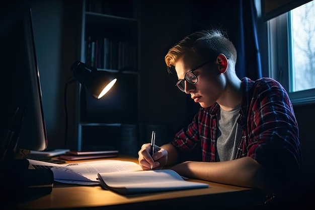 A boy sits at a desk writing in a notebook with a pen in his hand.