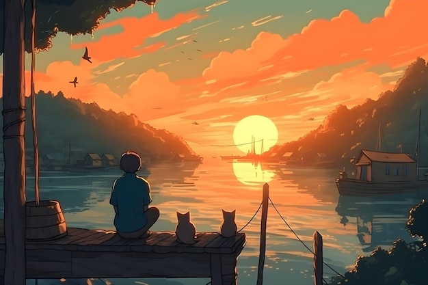 A boy sits on a dock watching a sunset with two cats on it