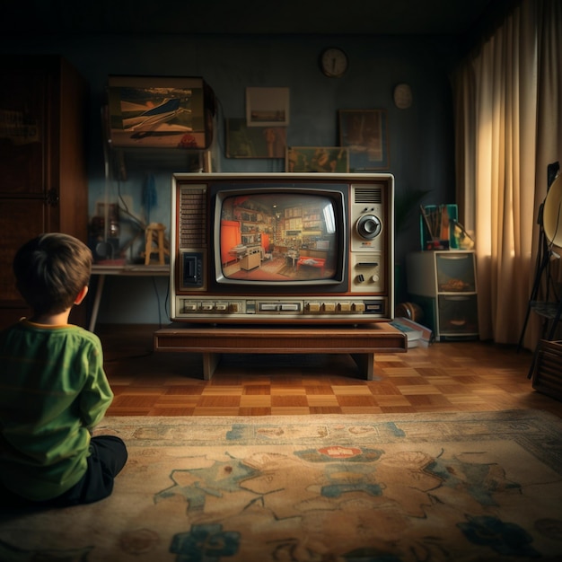 a boy sits on the floor in front of a tv that has a picture of a boy watching.