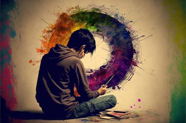 A boy sits on the floor and paints a rainbow.