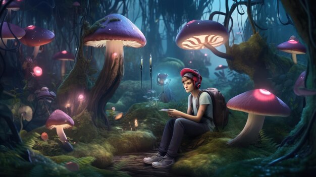 A boy sits in a forest with mushrooms and a red headphones.