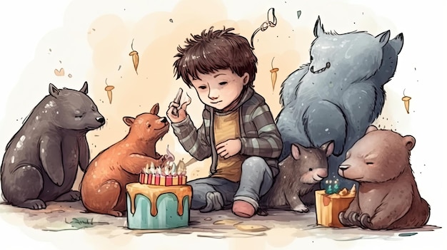 男の子が誕生日ケーキと猫と一緒に誕生日ケーキの前に座っています。